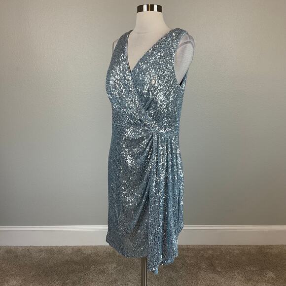 Eliza J Blue Sequined Cocktail Dress Size 16 Sleeveless V-Neck Mini Sheath - Picture 4 of 13